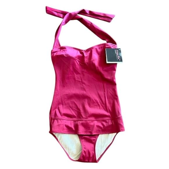 Shape FX Tummy Control Burgundy One Piece Halter Swimsuit size 8 NWT - Picture 1 of 7